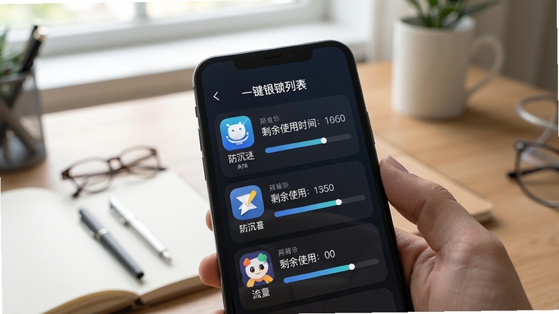 防沉迷一键锁屏应用限制列表界面,手机屏幕显示多个应用图标与剩余使用时间进度条,背景为书桌与笔记本,风格清爽现代,突出应用管控功能