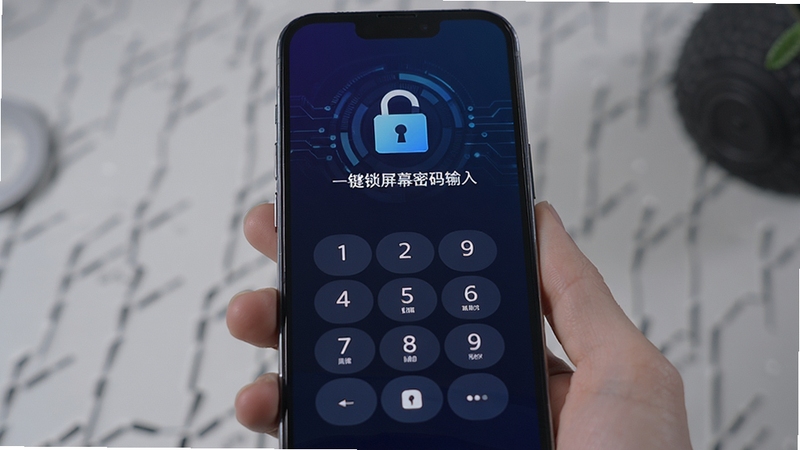 防沉迷一键锁屏密码输入界面,手机屏幕显示数字键盘与锁形图标,背景为深色渐变科技感画面,突出安全解锁氛围