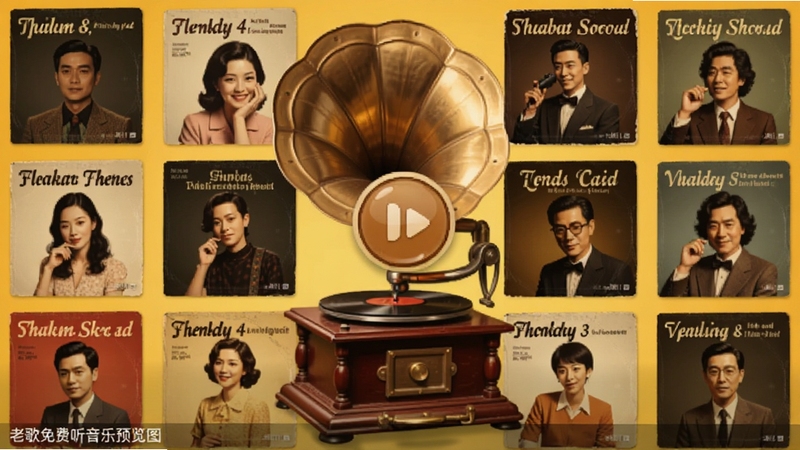 老歌免费听音乐软件主界面展示,画面中央是复古留声机造型的播放按钮,周围环绕着经典老歌专辑封面,背景为暖黄色调,整体风格怀旧温馨,适配Boogu模型生成,alt=
