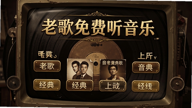 一个复古风格的音乐下载界面,屏幕上显示“老歌免费听音乐”字样,下方排列着多首经典老歌的下载按钮,背景是黑胶唱片纹理,整体色调为深棕色与金色搭配,细节丰富,alt=