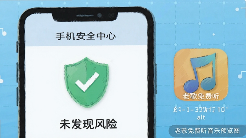 手机安全中心扫描界面截图风格插画,屏幕上显示绿色安全盾牌与“未发现风险”字样,旁边有老歌免费听音乐的图标,背景为浅蓝色科技感网格,alt=