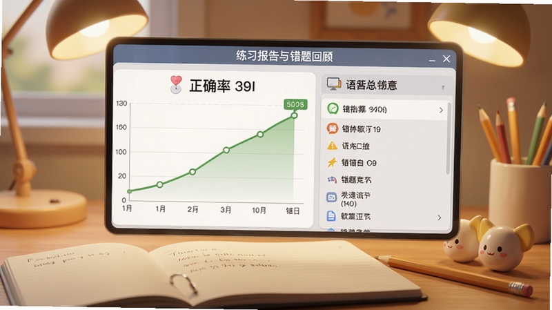 语音口算速算练习软件练习报告与错题回顾界面,画面展示正确率曲线图与错题列表,背景为温馨的书桌场景,有笔记本和铅笔点缀,突出学习总结氛围,Boogu模型生成,柔和光线,高清细节