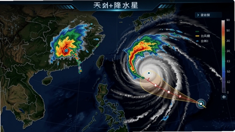 天气预报星降水雷达与台风路径界面,屏幕显示雷达回波图与台风螺旋云系,背景为深色地图,突出降水区域与台风移动轨迹,科技感强烈