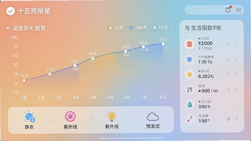 天气预报星十五天趋势图与生活指数面板,界面以曲线图展示温度变化,下方排列穿衣、紫外线等图标,背景为柔和渐变色彩,视觉舒适