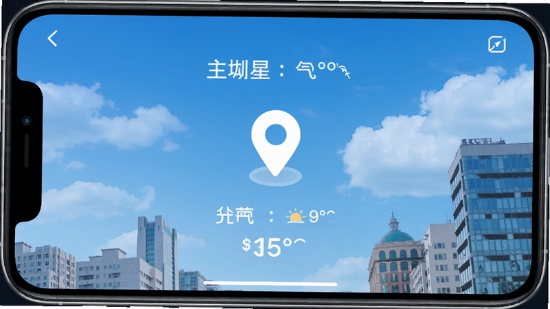 天气预报星实时定位界面,手机屏幕显示所在城市名称与当前温度,背景为蓝天白云与城市建筑,画面中央突出定位图标与天气数据,风格简洁明快