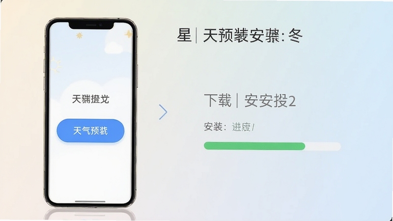 天气预报星下载安装步骤示意图,手机屏幕展示下载按钮与安装进度条,背景为浅色渐变,画面简洁清晰