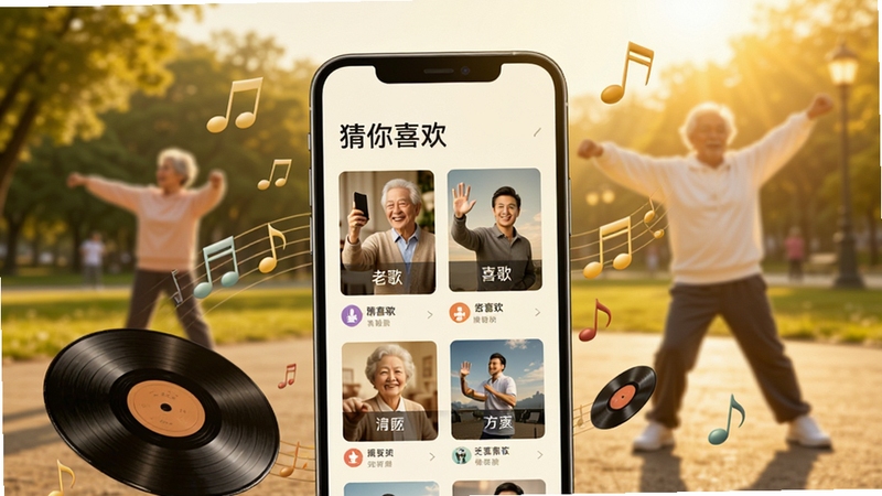 老歌经典音乐智能推荐界面生图,画面中心为手机屏幕显示“猜你喜欢”歌单,周围漂浮着音符和唱片元素,背景是虚化的公园晨练场景,暖黄色调,体现推荐功能的贴心与智能