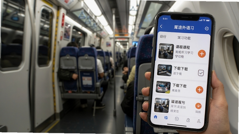 犀途外语离线学习功能展示,手机屏幕显示已下载课程列表与离线标识,背景为地铁车厢或飞机客舱场景,突出随时随地学习的便捷性