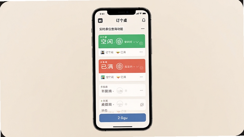 订个桌软件中实时桌位查询功能界面,手机屏幕显示多家餐厅的桌位状态卡片,绿色标识空闲、红色标识已满,背景为浅色简约风格,画面清晰展示订个桌的桌位筛选与查询交互,适配Boogu模型生成。