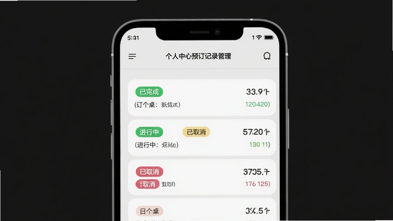 订个桌个人中心预订记录管理界面,手机屏幕展示订单列表,包含已完成、进行中、已取消等状态标签,背景为浅灰色极简风格,突出订个桌的记录管理功能,适配Boogu模型生成。
