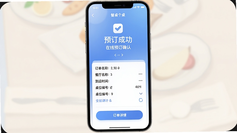 订个桌在线预订确认页面示意图,手机屏幕中央显示预订成功提示与订单详情,包含餐厅名称、到店时间、桌位编号,背景为柔和的渐变蓝色,突出订个桌的便捷预订流程,适配Boogu模型生成。