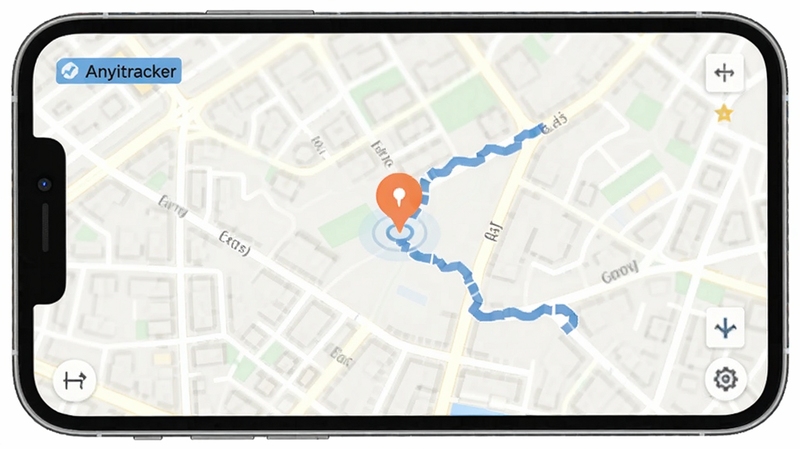 Anyitracker 软件界面全貌展示,手机屏幕中央显示实时地图定位标记,背景为浅色城市街道地图,画面简洁明亮,突出定位图标与轨迹线条