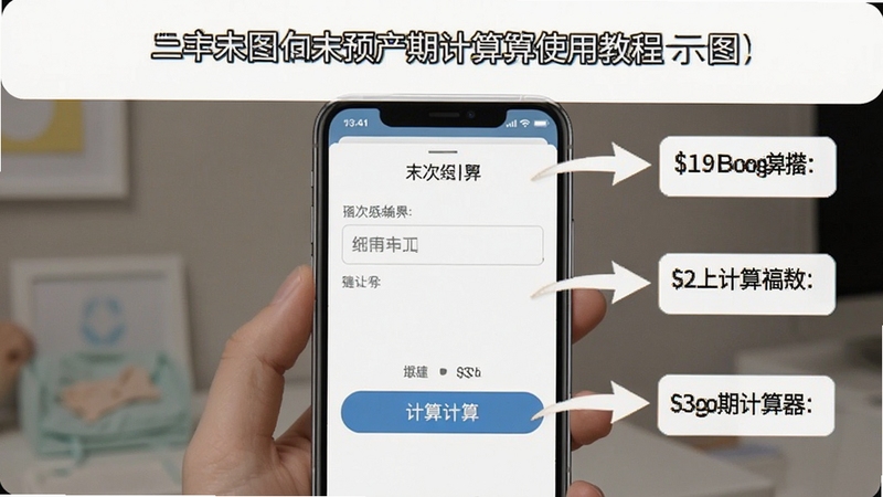 预产期计算器使用教程示意图,画面主体为手机屏幕截图,展示末次月经输入框与计算按钮,背景为白色简洁风格,旁边有箭头标注操作步骤,适配Boogu模型生成