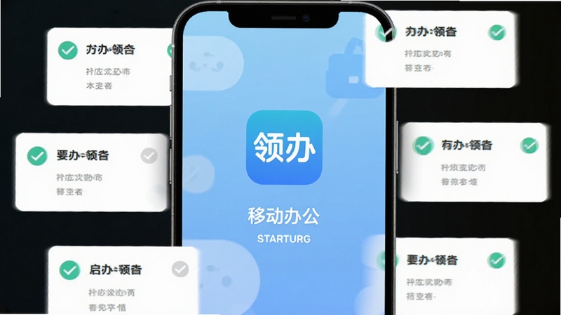 领办 启动界面 手机屏幕中央显示领办应用图标与启动画面 背景为浅蓝色渐变 周围环绕待办事项卡片与勾选标记 扁平化设计风格 画面简洁明亮 突出移动办公主题