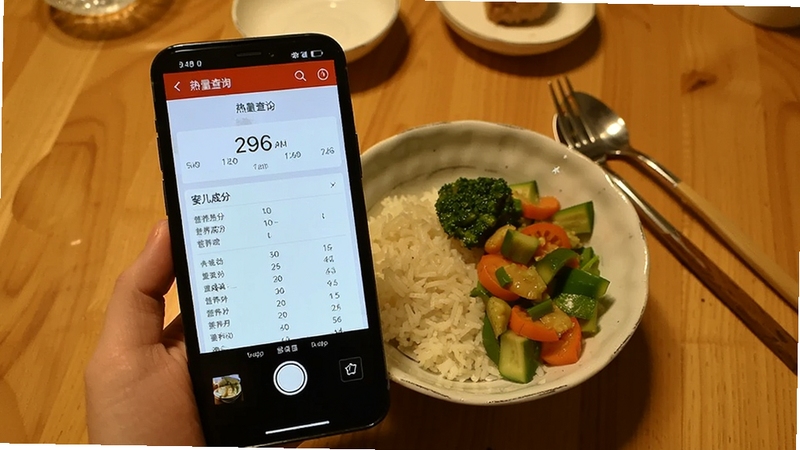 拍照查 热量查询界面 手机拍摄一碗米饭和蔬菜 屏幕上显示热量数值和营养成分简表 背景是木质餐桌 餐具摆放整齐 色调温暖