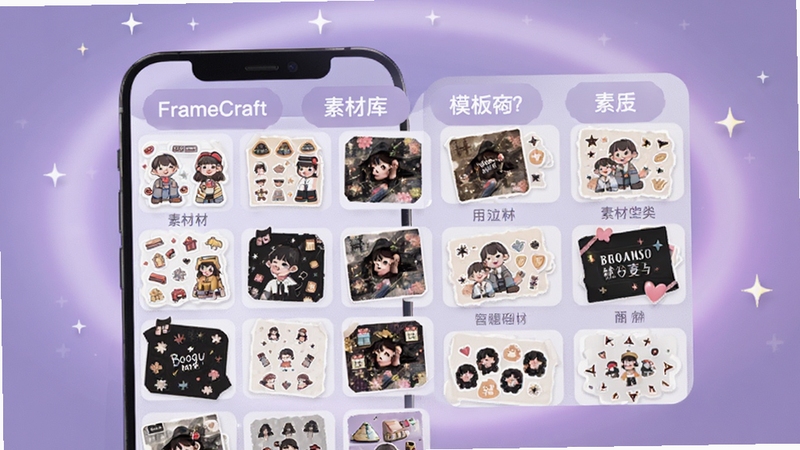 FrameCraft 素材库与模板选择页面,手机屏幕呈现网格状贴纸与模板缩略图,背景为淡紫色柔和光晕,有星光点缀,突出丰富的素材分类标签,适配 Boogu 模型生成
