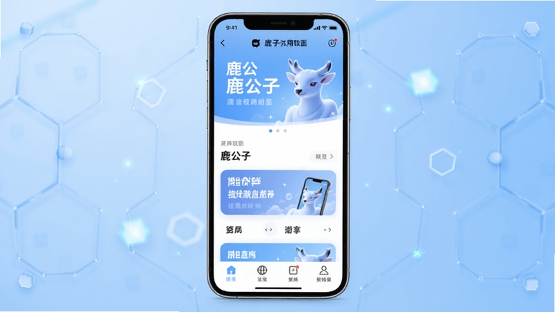鹿公子应用主界面全貌展示,画面主体为居中放置的智能手机,屏幕显示鹿公子软件首页的清爽布局,背景为浅蓝色渐变科技感区域,周围点缀少量几何光效,整体风格简洁明亮,适配Boogu模型生成