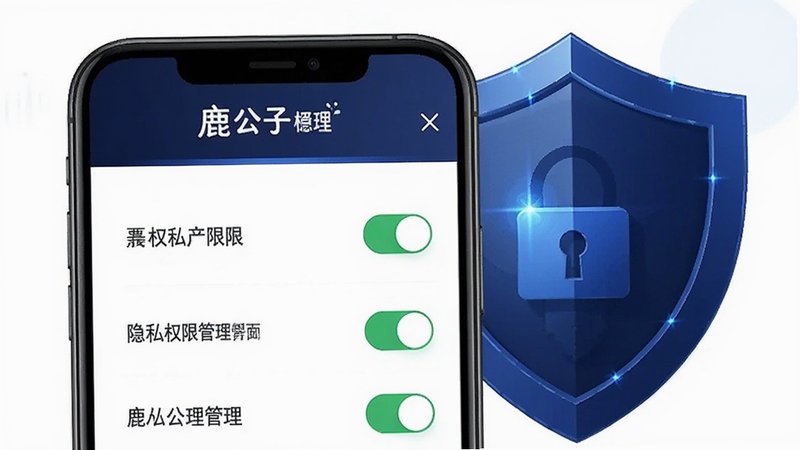 鹿公子隐私权限管理界面示意图,画面主体为手机屏幕显示权限开关列表,背景为深蓝色调安全盾牌图形,鹿公子名称出现在顶部标题栏