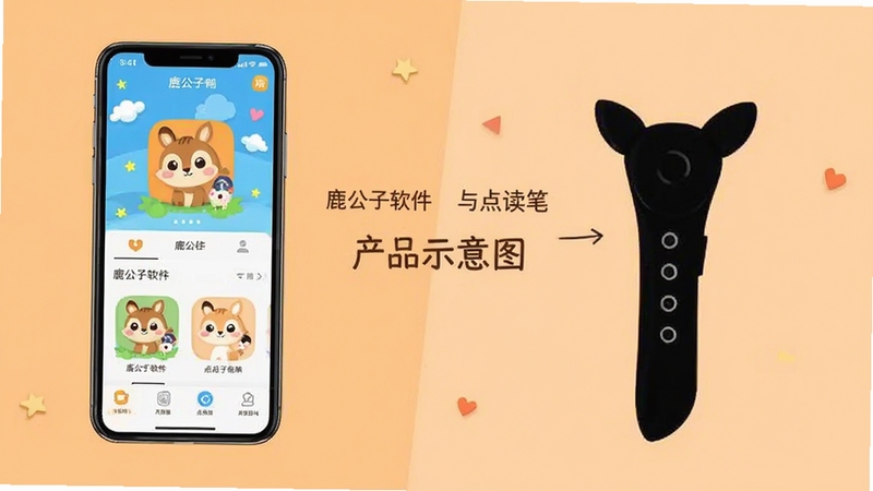 鹿公子软件与点读笔产品对比示意图,画面左侧为手机屏幕显示鹿公子应用界面,右侧为点读笔产品轮廓,背景为浅橙色分割区域,突出两者不同定位