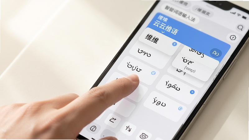 搜云维语输入法智能词库联想功能展示图,画面中一只手正在点击手机屏幕上的维语候选词,候选词栏以卡片形式整齐排列,背景为柔和的米白色,光线从左上角自然洒落,整体风格清爽简洁