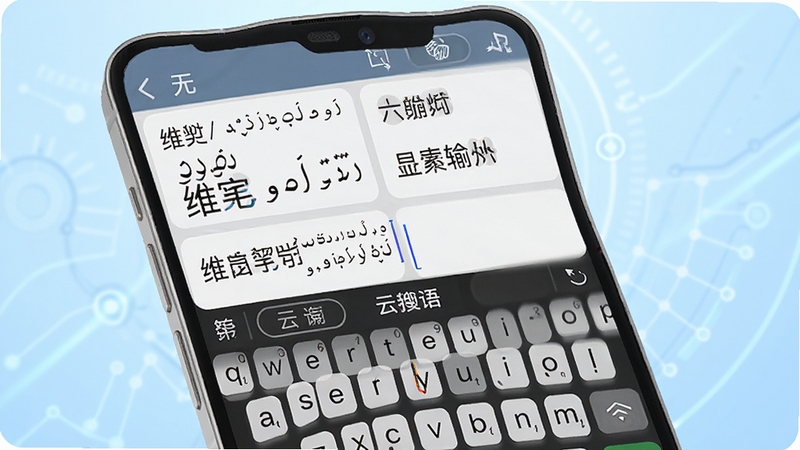 搜云维语输入法多语言混合输入场景示意图,手机屏幕同时显示维语、中文和英文候选词,键盘上方有语言切换标识,背景为淡蓝色科技感渐变,画面中心突出输入法界面,细节清晰锐利