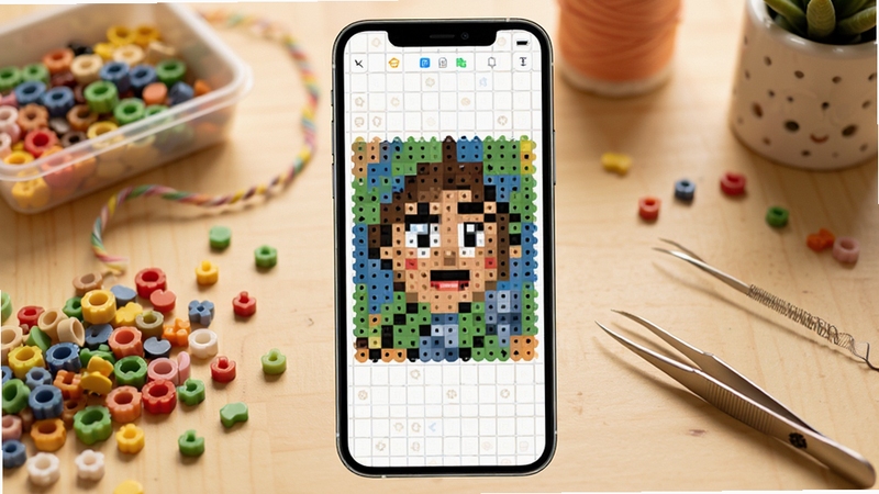 拼豆免费图纸软件主界面全景展示,画面中央是手机屏幕内呈现色彩鲜艳的拼豆像素图纸网格,背景区域为温馨的手工桌面环境,散落着彩色拼豆颗粒和镊子工具,整体风格清新明快,适配Boogu模型生成