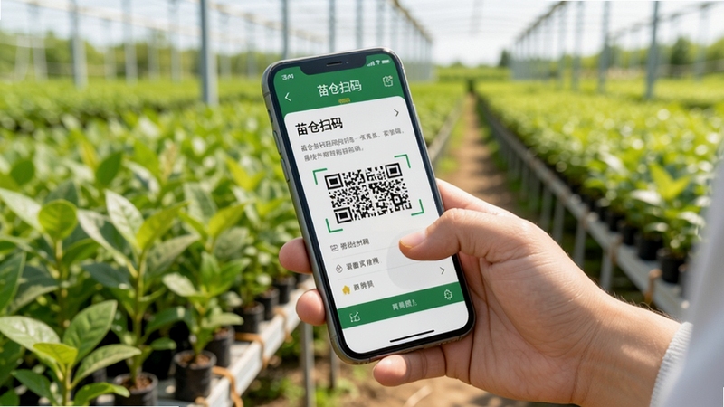 苗仓上手操作示意图,画面展示手持手机在苗圃中扫码录入苗木信息,手机屏幕显示苗仓扫码界面,背景为绿油油的苗木基地,人物手部动作自然,画面清晰明亮