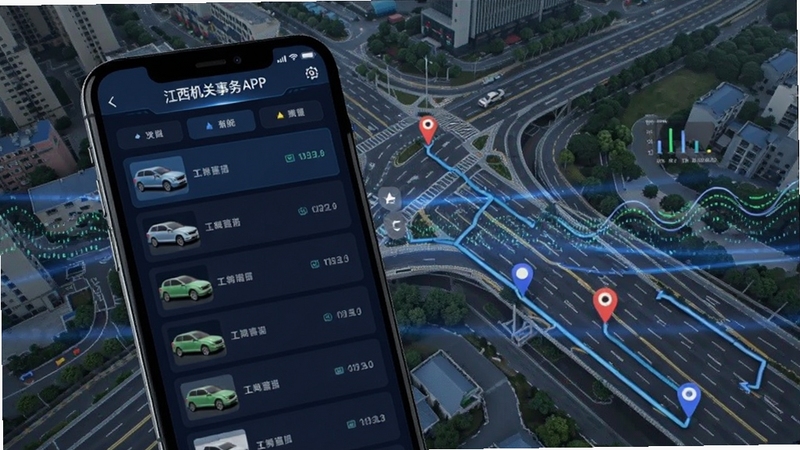 江西机关事务APP公务用车调度界面,画面展示手机屏幕内车辆列表与地图定位轨迹,背景为城市道路俯视图与数据流光效,体现智能化调度场景