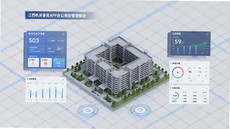 江西机关事务APP办公用房管理模块界面,画面以3D建筑模型与数据卡片融合呈现,背景为浅灰色网格与蓝色标注线,突出数字化资产管理概念