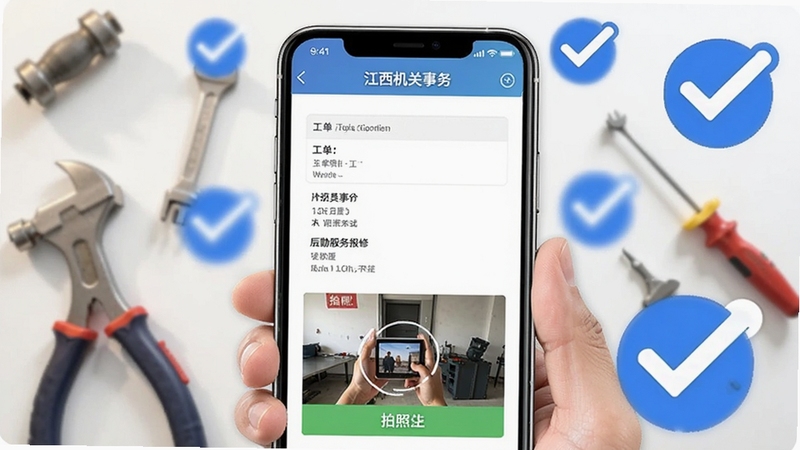 江西机关事务APP后勤服务报修界面,画面展示手机屏幕内工单填写与拍照上传区域,背景为维修工具与蓝色对勾图标组合,体现便捷报修流程