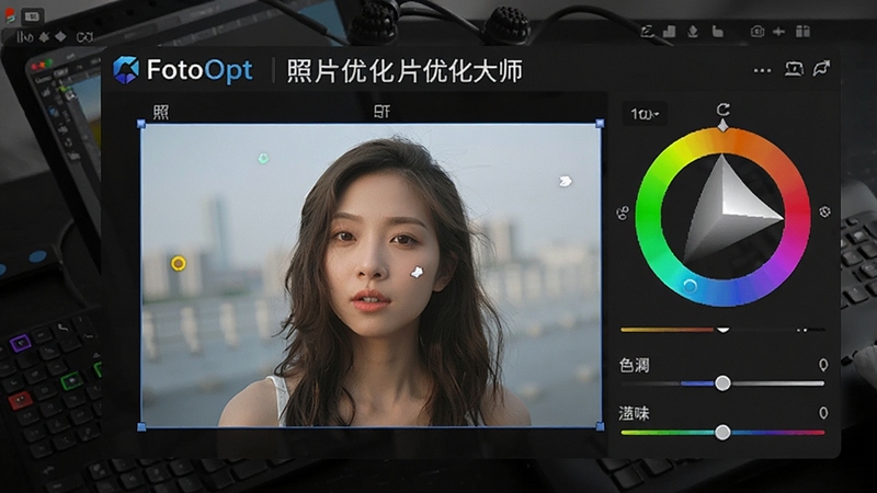 FotoOpt 照片优化大师色彩校正界面特写,画面中一张偏色照片正在被软件自动修复,色彩环与色温滑块清晰可见,背景为深色专业修图工作台,突出软件名称FotoOpt 照片优化大师