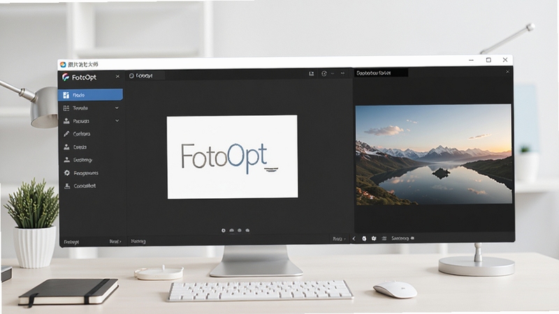 FotoOpt 照片优化大师软件界面全景展示,画面中央为软件主工作区,左侧为功能导航栏,右侧为照片预览窗口,背景为简洁的浅色办公桌面环境,整体风格清爽专业,适合软件下载站配图