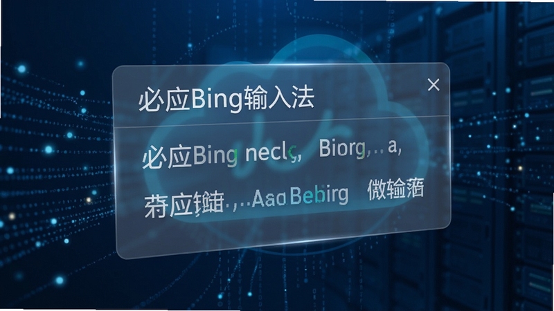 必应Bing输入法智能云联想功能特写,画面主体为半透明悬浮的候选词面板,面板上清晰显示着“必应Bing输入法”字样以及一行流畅的联想词汇,背景区域为深蓝色科技感数据流与光点,展现云端词库同步的科技意象,画面风格现代简洁