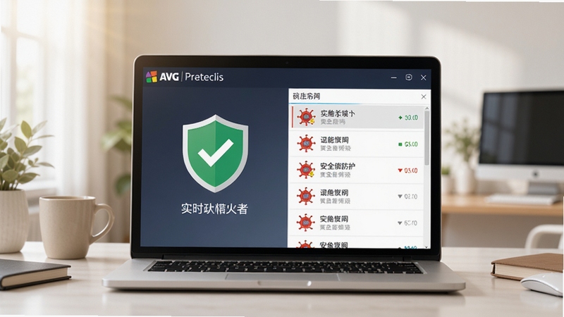 AVG杀毒软件智能实时防护功能示意图,画面中央展示一台笔记本电脑屏幕,屏幕上显示AVG杀毒软件的实时防护面板,左侧有绿色对勾图标表示安全状态,右侧有病毒拦截记录列表,背景为家庭办公桌面环境,光线明亮柔和,突出安全防护主题
