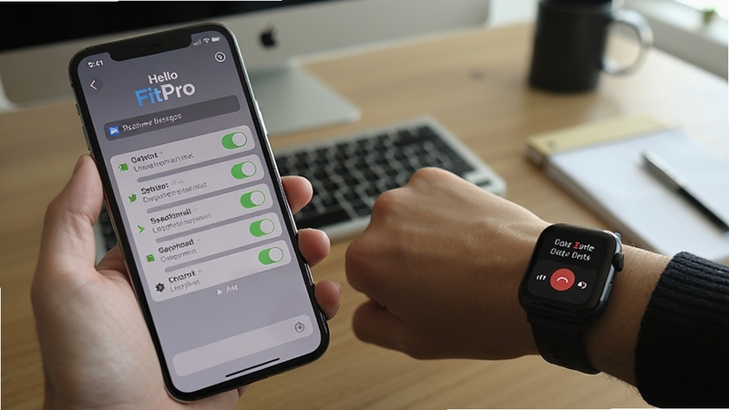 Hello FitPro 消息通知设置界面与手表接收消息场景,手机屏幕显示通知开关列表,手表屏幕弹出来电提醒,画面主体为手持手机和佩戴手表的手腕,背景为办公桌场景,风格写实自然