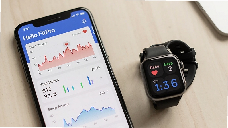 Hello FitPro 应用内健康数据仪表盘界面,手机屏幕显示心率曲线、步数统计和睡眠分析图表,手表放置在手机旁,背景为浅色桌面,画面干净整洁,突出数据可视化效果
