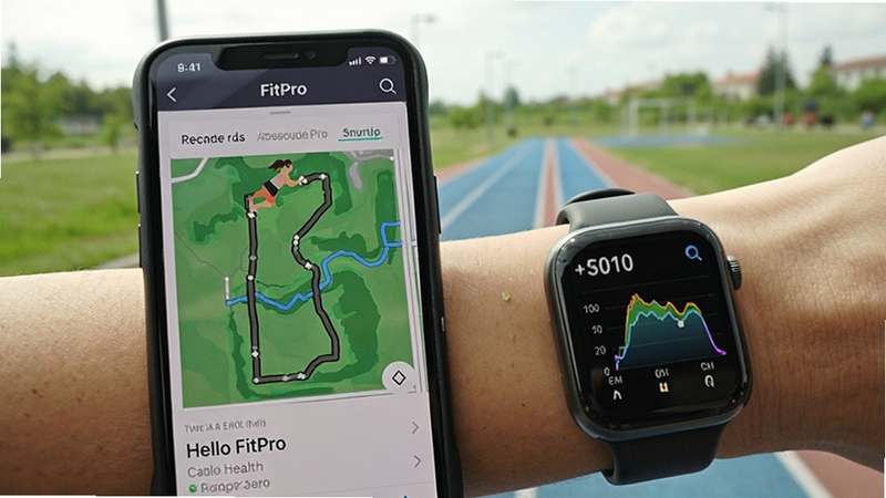 Hello FitPro 运动记录详情页面,手机屏幕显示跑步轨迹地图和配速图表,手表佩戴在手腕上,背景为户外公园跑道,画面充满活力,突出运动健康主题