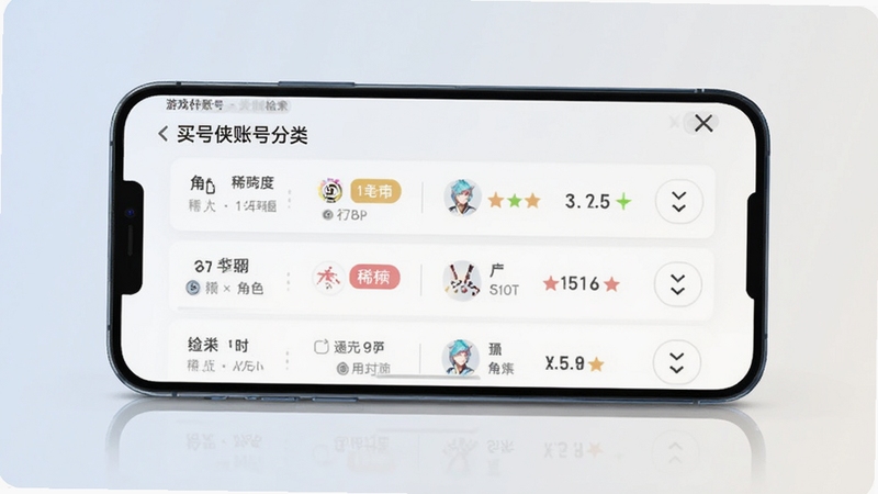 买号侠账号分类检索界面展示,手机屏幕中呈现清晰的游戏账号分类列表,包含角色等级、稀有度标签等筛选条件,背景为浅色渐变,画面简洁现代