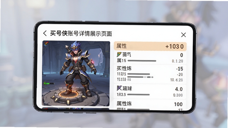 买号侠账号详情展示页面,手机屏幕上显示游戏角色截图与属性信息列表,界面排版整齐,重点信息以高亮色标注,背景柔和