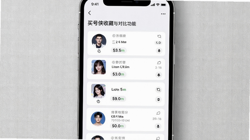 买号侠收藏与对比功能界面,手机屏幕展示多个账号卡片并列对比,参数项对齐排列,界面风格清爽,背景为浅灰质感