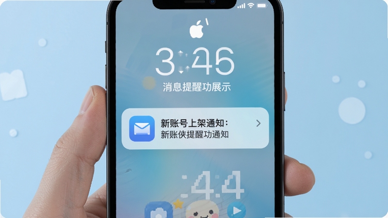 买号侠消息提醒功能展示,手机锁屏界面弹出新账号上架通知,图标简洁醒目,背景为淡蓝色渐变,整体氛围轻松