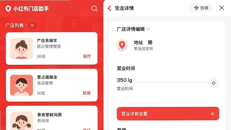 小红书门店助手门店管理界面截图风格插画,画面左侧是门店列表卡片,右侧是门店详情编辑面板,包含地址定位图标和营业时间设置项,整体采用扁平化设计,配色以红色和白色为主,体现官方应用的简洁专业感