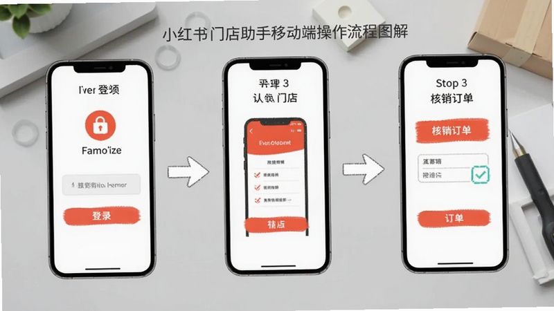 小红书门店助手移动端操作流程图解插画,画面展示手机屏幕从登录、认领门店到核销订单的三个步骤,每个步骤用箭头连接,背景为浅灰色工作台,整体风格简洁清晰,适合作为新手教程配图
