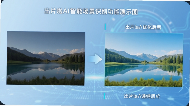 出片啦AI智能场景识别功能演示图,画面左侧为一张普通风景原图,右侧为经过出片啦优化后的明亮通透成片,中间以箭头连接,背景为科技感浅蓝渐变,突出智能识别与画质提升效果