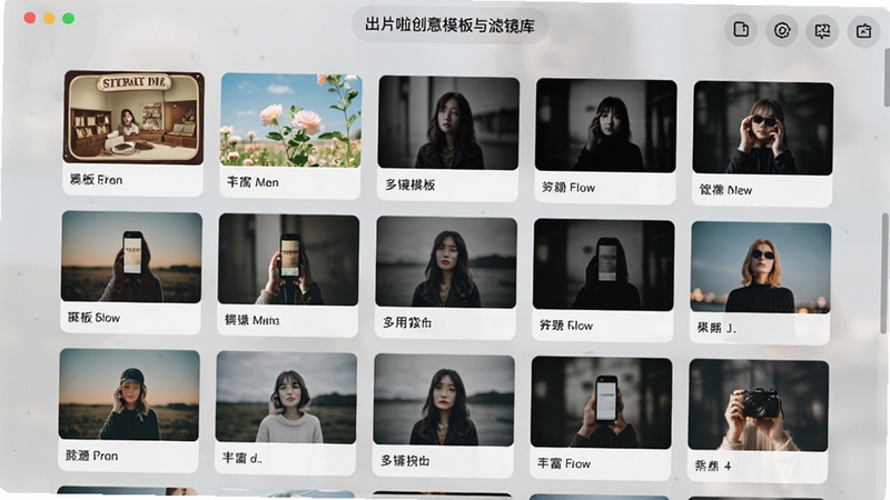 出片啦创意模板与滤镜库界面,展示多张不同风格的照片缩略图整齐排列,包括复古、清新、暗调等风格,背景为浅灰色磨砂质感,突出模板丰富与一键套用的便捷性