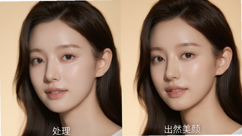 出片啦人像精修功能对比图,左侧为未处理的人像原图,右侧为经过出片啦自然美颜后的效果,皮肤质感细腻、五官立体,背景为柔和暖色影棚光,突出自然精修不假面