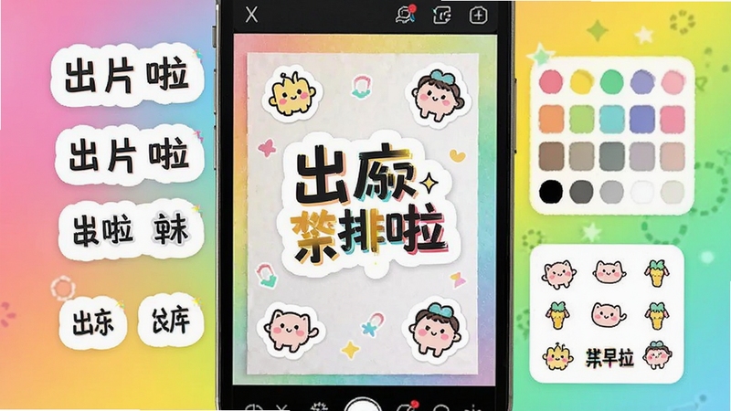 出片啦文字贴纸与排版装饰操作界面,手机屏幕中显示一张已添加艺术字与可爱贴纸的照片,周围漂浮着字体选项、颜色面板和贴纸素材,背景为明亮活泼的彩色渐变