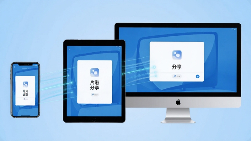出片啦一键分享与多端适配示意图,画面中手机、平板和电脑屏幕同时展示出片啦的分享界面,屏幕之间以光线连接,背景为简约科技蓝,突出跨设备流畅体验