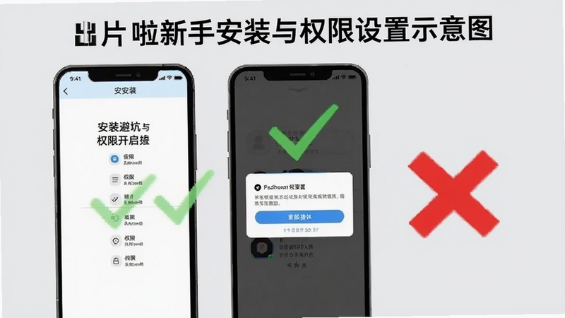 出片啦新手安装与权限设置示意图,画面展示手机屏幕中安装界面与权限弹窗,旁边配有对勾和叉号图标,背景为浅灰色教程风格,突出安装避坑与权限开启要点
