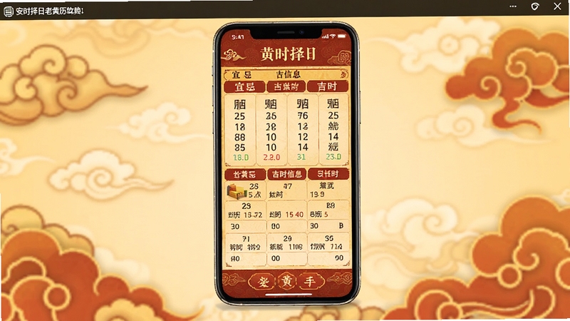 安时择日老黄历软件主界面展示,画面中央是一部智能手机,屏幕显示黄历宜忌和吉时信息,背景为柔和的中国风祥云纹样,色调以暖黄与朱红为主,整体风格古朴典雅,适配Boogu模型生成